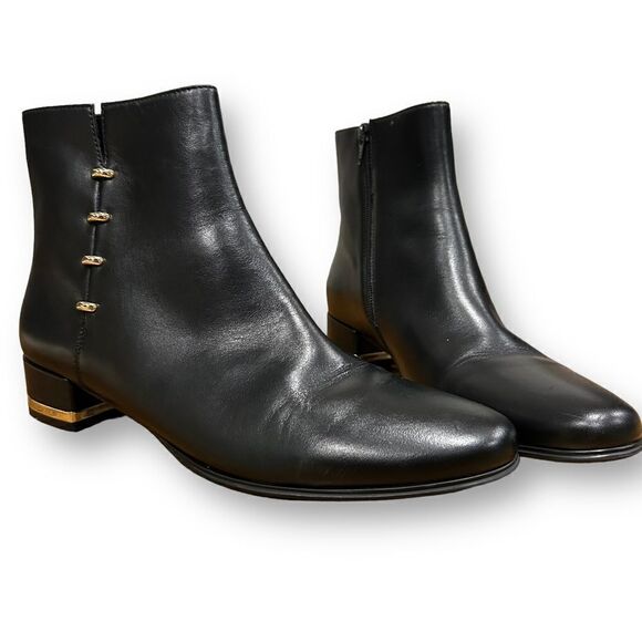 Vaneli Black Leather Ankle Boots with Gold Heel and Side Detail - Picture 1 of 9